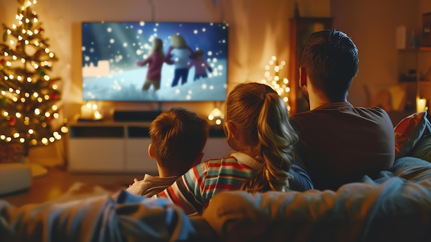 Rodzina oglądająca razem telewizję w Boże Narodzenie Ciepły blask świateł i wesoła muzyka tworzą przytulną i uroczystą atmosferę