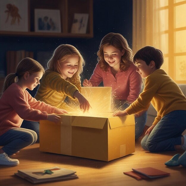 Rodzina otwierająca pudełko z napisem "Kocham"