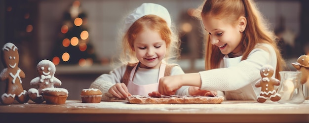Rodzina pieczy z dziećmi piernik w kuchni świąteczna panorama Generative Ai