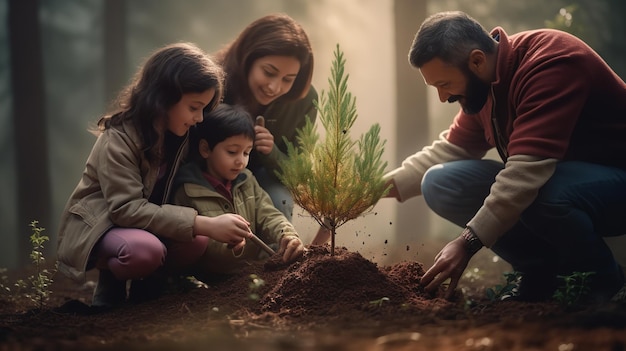 Rodzina sadząca drzewa w lesie Generatywna AI