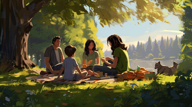 rodzina siedzi na kocu piknikowym pod drzewem.