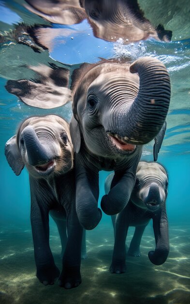 rodzina słoni pływających w wodzie z pęcherzami pokazującymi pęcherze