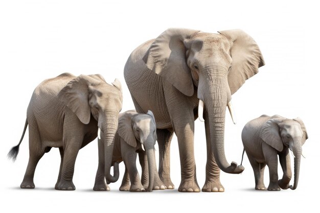 Rodzina słoni samodzielnie na białym tle Siedlisko dzikich zwierząt Generative AI