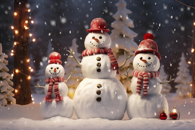 Rodzina śnieżaka z choinką bożonarodzeniową i światłami na tle bokeh