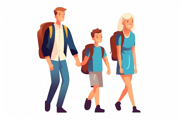 Rodzina spacery z plecakami na białym tle Dzień rodziców Szkoły
