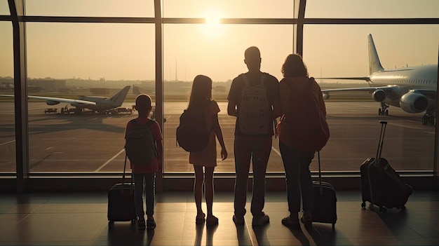 Rodzina stoi przed oknem lotniska z samolotem w tle.