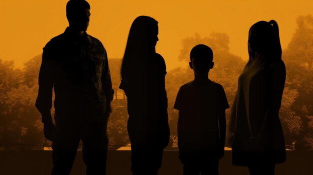 Rodzina stoi w sylwetce przed zachodem słońca.