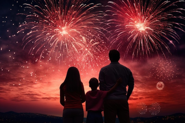 Rodzina stojąca na wzgórzu i oglądająca fajerwerki