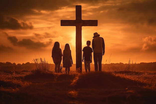 Rodzina stojąca obok krzyża o zachodzie słońca Koncepcja kultu