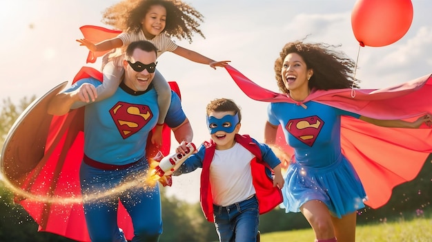 Rodzina superbohaterów bawiąca się na świeżym powietrzu