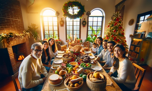 Rodzina świętująca Boże Narodzenie z stołem pełnym typowych kolumbijskich potraw