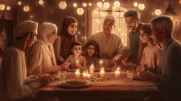 Rodzina świętuje święto ze świecami zapalonymi w tle