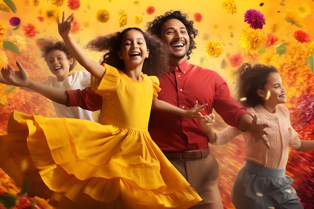rodzina tańczy w kolorowym świecie z żółtym tłem Święto kultury latynoskiej