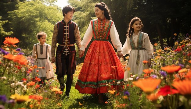 Rodzina ubrana w tradycyjne ubrania chodzi w kwitnącym ogrodzie wiosennym