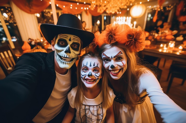 Rodzina w kostiumach na Halloween robi sobie selfie na imprezie