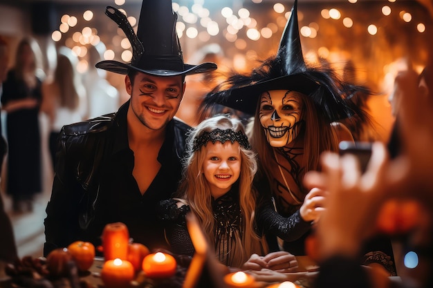 Rodzina w kostiumach na Halloween robi sobie selfie na imprezie