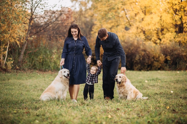 Rodzina z dzieckiem i dwoma golden retrieverami w jesiennym parku