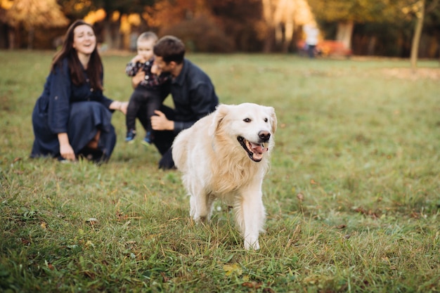 Rodzina Z Dzieckiem I Golden Retriever W Jesiennym Parku