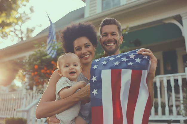 Zdjęcie rodzina z dzieckiem trzyma amerykańską flagę na ganku amerykańskiego domu 4 lipca uroczystość dnia niepodległości