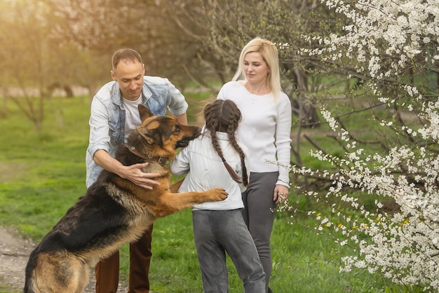 Rodzina z małym dzieckiem i psem na zewnątrz w sadzie wiosną.