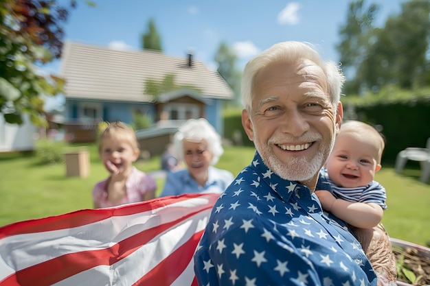 Rodzina z starszymi i dzieckiem trzymają amerykańską flagę grillowanie święto 4 lipca Dzień Niepodległości