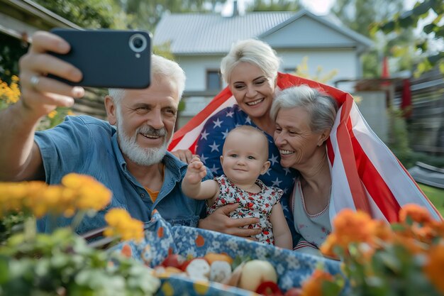 Zdjęcie rodzina z starszymi i dzieckiem trzymają amerykańską flagę grillowanie święto 4 lipca dzień niepodległości