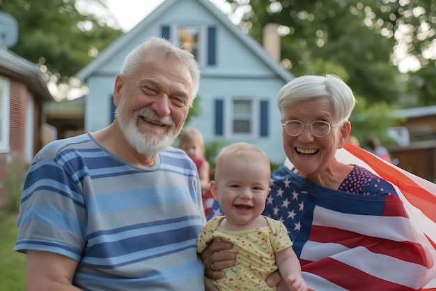 Rodzina z starszymi i dzieckiem trzymają amerykańską flagę grillowanie święto 4 lipca Dzień Niepodległości
