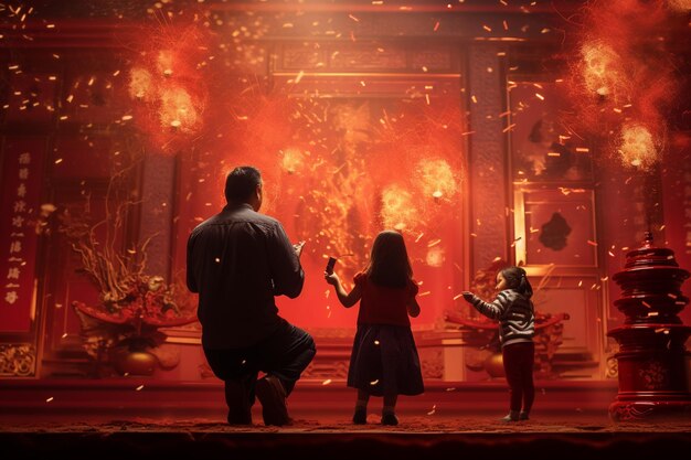 Rodzina zapalająca fajerwerki przed tradycją 00092 03