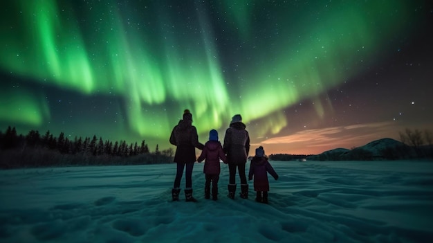 Rodzina zorzy polarnej Aurora borealis z dwójką dzieci chodzących po zaśnieżonym polu zimą Generacyjna sztuczna inteligencja