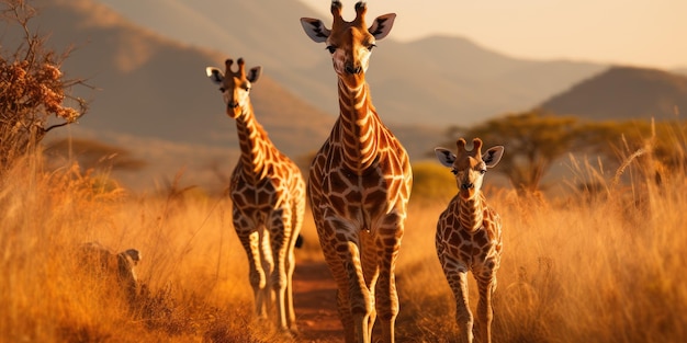 Rodzina żyraf stoi razem w dzikim naturalnym środowisku Afryka Generatywna sztuczna inteligencja