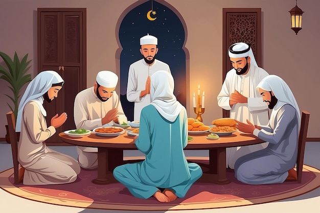 Rodzinna modlitwa przed Iftarem Ramadan Sezon kreskówki