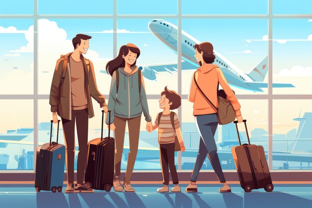 Rodzinna wycieczka Koncepcja podróży rodzinnych na lotnisku wektor 2d Generative AI
