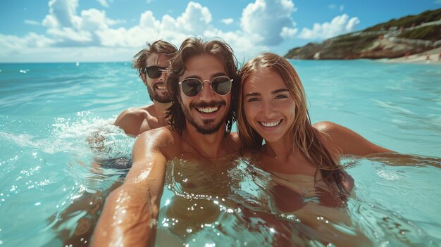 Zdjęcie rodzinne selfie w morzu w pobliżu plaży pamięć o wakacjach