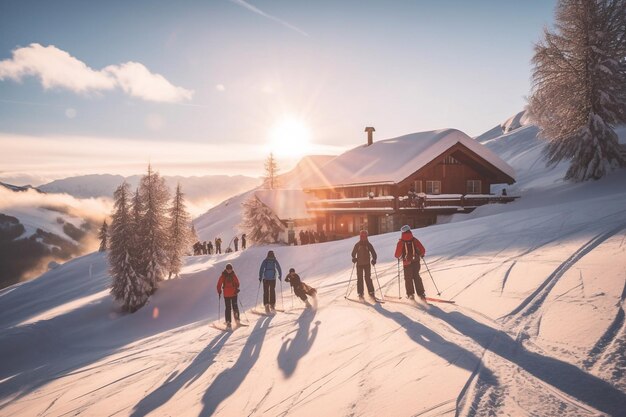 Rodzinne wakacje na nartach Grupa młodych narciarzy w Alpach Matka i dzieci na nartach Zimą Rodzice uczą dzieci narciarstwa alpejskiego Sprzęt narciarski i okulary bezpieczne kaski Generacyjna sztuczna inteligencja