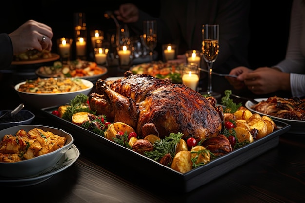 Rodzinny obiad z okazji Święta Dziękczynienia z tradycyjnym ziemniakiem z indyka Generative AI