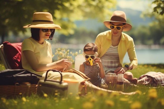 rodzinny piknik w parku z okularami przeciwsłonecznymi i słomkowym kapeluszem.