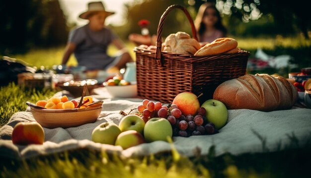 Rodzinny piknik w słoneczny dzień z świeżymi owocami i chlebem wygenerowanym przez sztuczną inteligencję