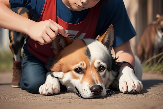 Rodzinny śliczny pies i właściciel chłopiec bawią się razem tapetową ilustracją tła