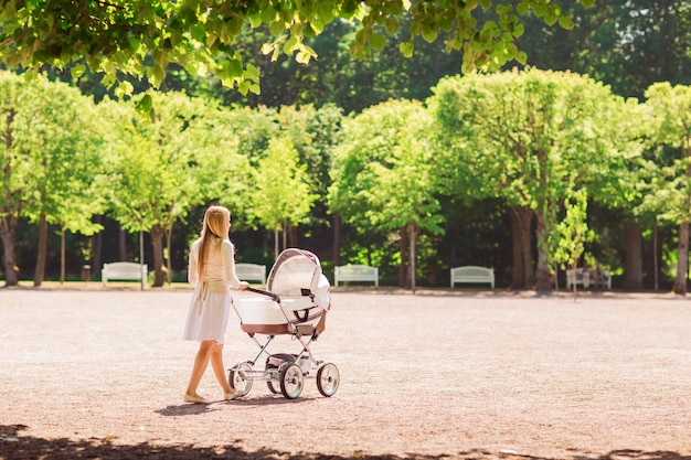 Rodziny, dziecka i rodzicielstwa pojęcie, - szczęśliwy macierzysty odprowadzenie z wózkiem spacerowym w parku od plecy