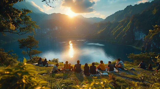 Zdjęcie rodziny na pikniku w malowniczym indonezyjskim wulkanie sąsiedzi na wakacjach