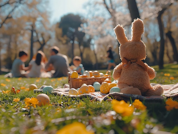 Rodziny na pikniku w parku podczas Wielkanocy we Francji Sąsiedzi na wakacjach Kreatywne tło
