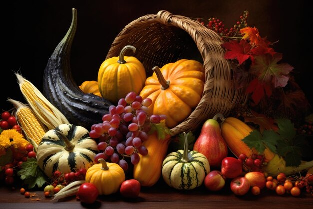 Zdjęcie róg obfitości wypełniony jesiennymi zbiorami owoców i warzyw