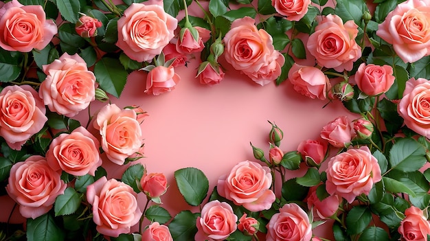 Róg ramy kompozycyjnej złożony z różowych róż różowego tła i miejsca dla tekstu Generatywny AI