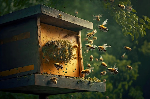 Rój pszczół wlatujących do uli w pasiece z nektarem stworzonym za pomocą generatywnej ai