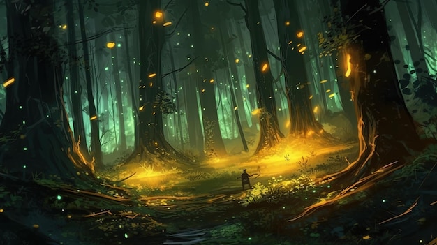 Rój świetlików rozświetlających ciemny las Koncepcja fantasy Malowanie ilustracji