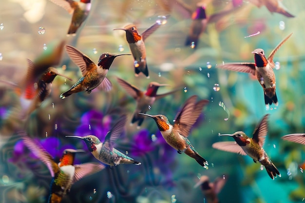 Zdjęcie roja kolibri żywiących się nektarem egzotycznych kwiatów w odosobnionej oazie dżungli