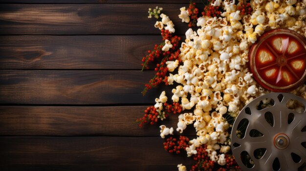 Zdjęcie rola filmowa i popcorn na wiejskim tle