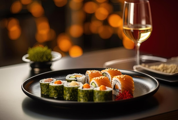 Roladki sushi i kieliszek białego wina musującego