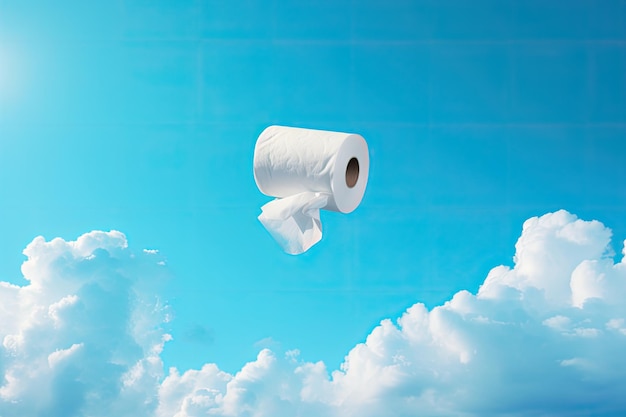 Rolka papieru toaletowego z wdziękiem unosi się i opada na żywym błękitnym tle