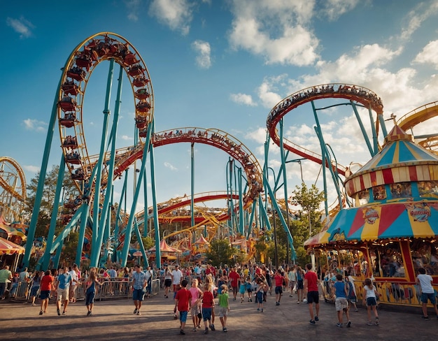 roller coaster z ludźmi chodzącymi wokół niego i dużym tłumem ludzi chodzących w tle